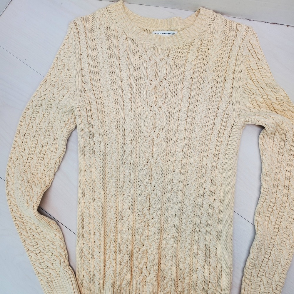 Amazon Essentials Womens Cream Ivory 100% Cotton Cable Knit Crewneck Sweater XS